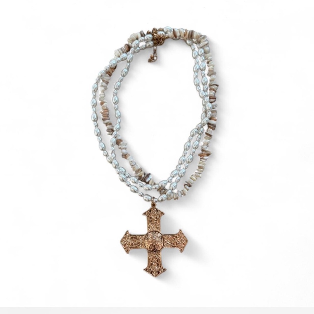 Pearl and shell gold cross necklace